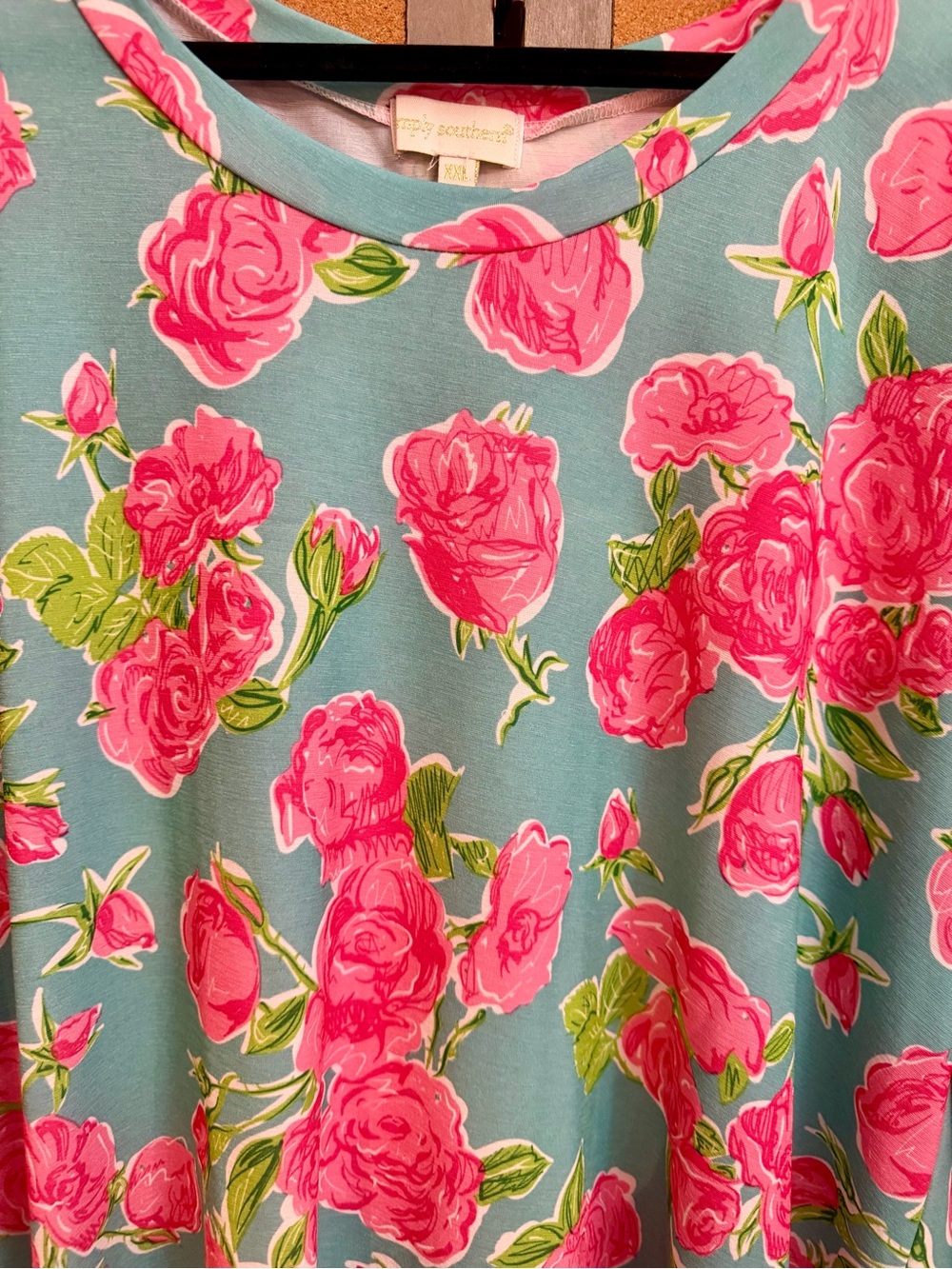 Simply Southern XXL Floral Tunic Top Sharkbite Hem 3/4 Sleeve Blue Pink Stretchy - Picture 3 of 8